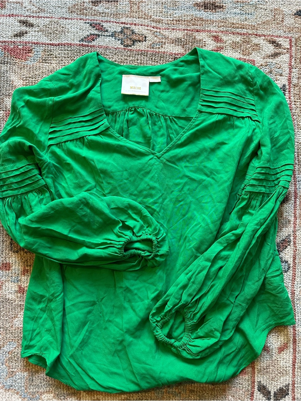 Maeve Anthropologie Emerald Green Pintuck V-Neck Blouse